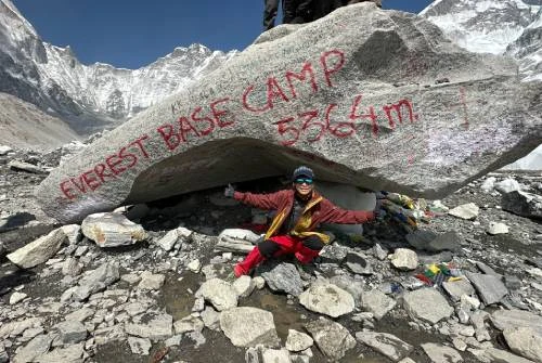 Trekker having fun at Everest Base Camp