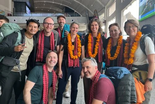 Trekker at Tribhuvan International Airport Kathmandu welcomed by Nepal Pyramids