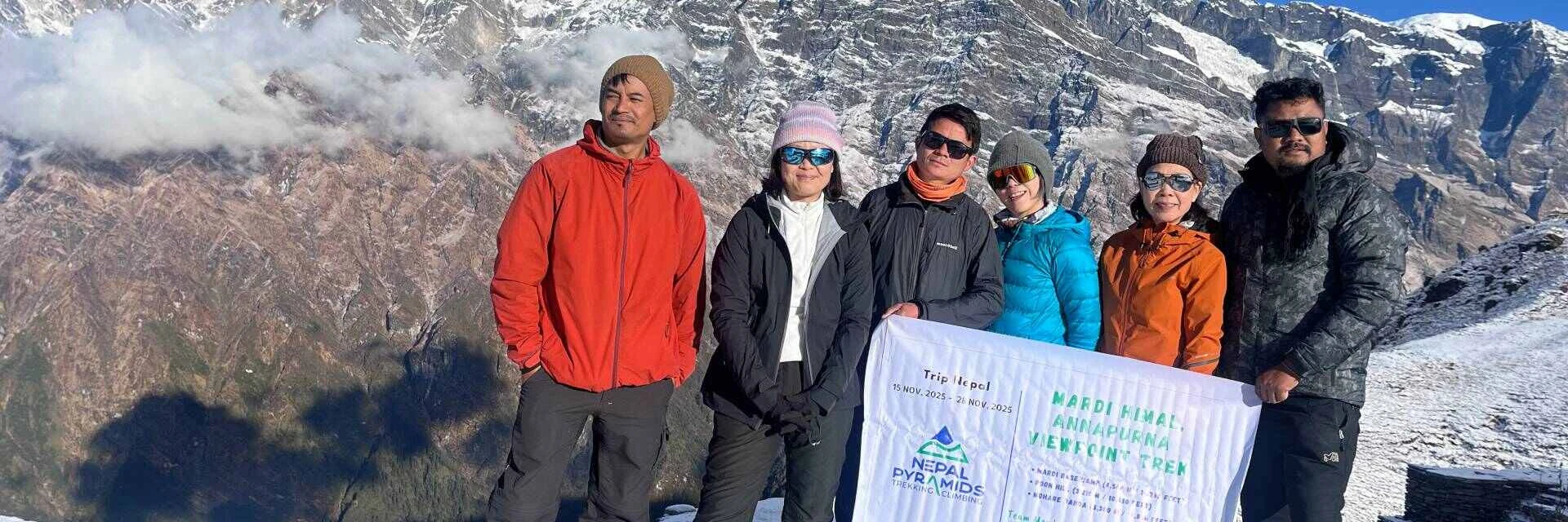 Foreign trekkers hiking in Nepal with guide in Himalayas