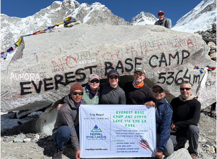 Trekkers happy after reaching EBC while doing EBC Gokyo Trek with Nepal Pyramids