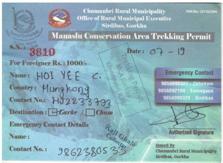 Local Permit which trekker need to buy on the way to Manaslu region
