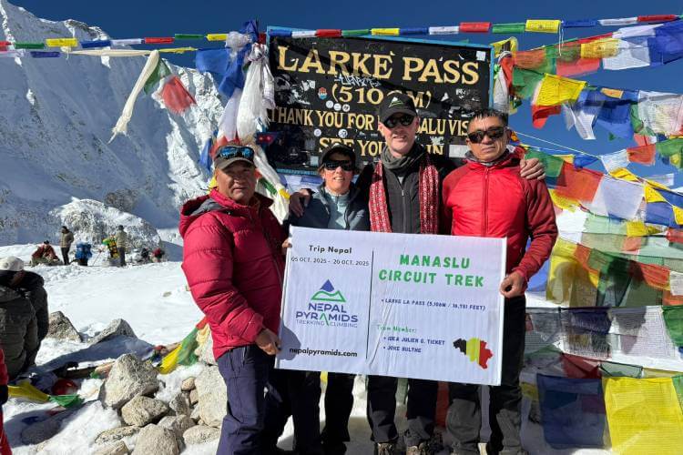 Trekkers crossing Larke La (Larkya Pass) at 5,160m on the Manaslu Circuit Trek
