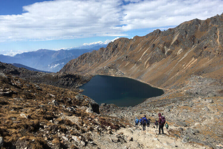 Trkkers descending to Sacred Gosaikunda lake after Lauribina Pass