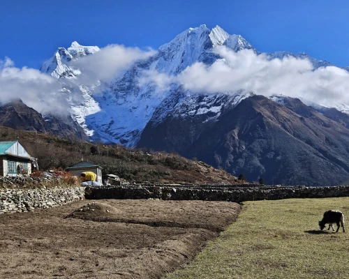 Beautiful Phortse Village With Thamserku At The Background