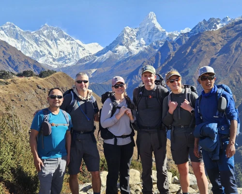 Everest Base Camp Trekkers With Mount Everest And Amadablam Backdrop
